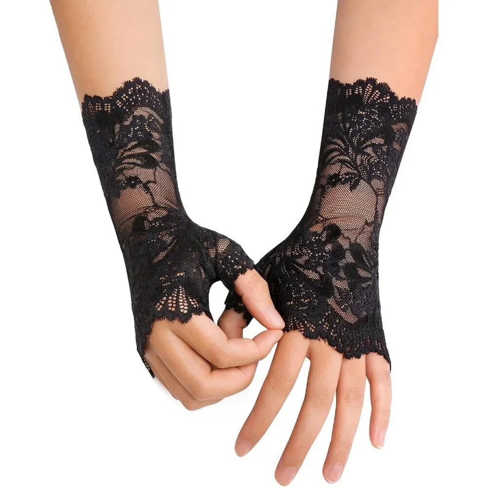 Women Evening Fingerless Short Wrist Black Lace Gloves Party Prom Cosplay